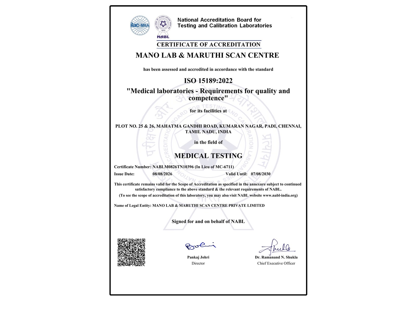 NABL accreditation certificate NABLM0826TN10396 - Mano Lab, Padi